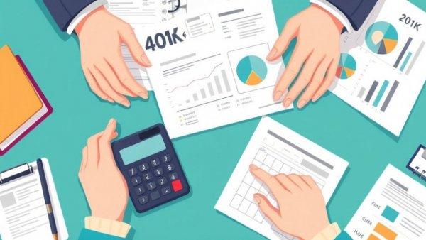 Illustration of 401(k) forms with calculator for business funding concept.