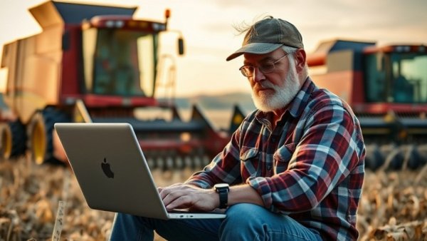 Farmer working on a laptop near equipment, related to equipment loans for startups.