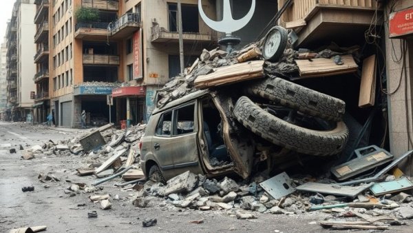 Urban destruction with crushed vehicle, representing devastation.