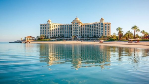 Sprawling beachfront hotel reflecting sky on calm sea.