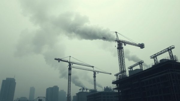 Industrial cranes and smoke in urban setting, oil price context.