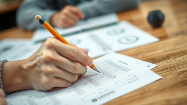 Student hand filling exam sheet, smartphone impact on exam scores