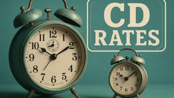 Best CD rates today highlighted with vintage clocks, graphic overlay.