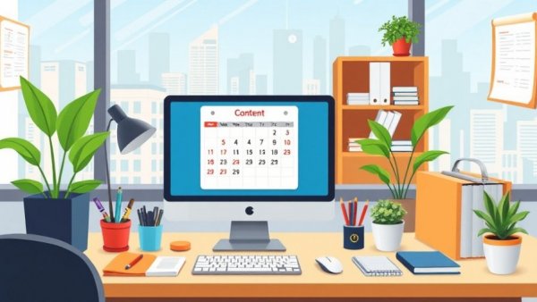 Digital content calendar for business growth in office setting.