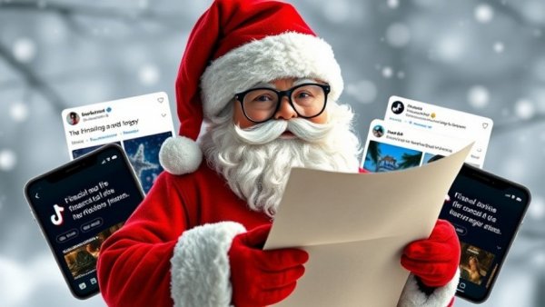 Santa in red holding parchment with TikTok financial clips, snowy scene.