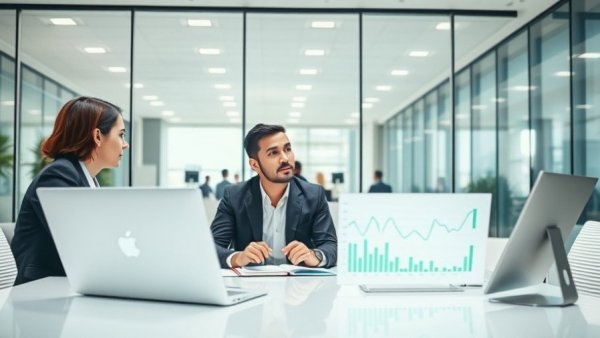 Business meeting optimizing exit valuation multiple, modern office.