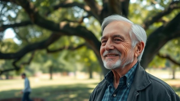 Smiling elderly man outside under tree shade in natural light.
