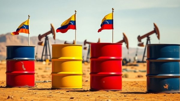 Oil barrels with Venezuelan flags in front of pump jacks, illustrating oil price surge.