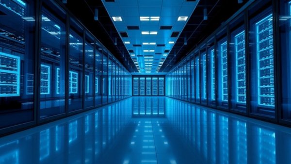 Modern data center with blue servers, Nvidia sells Applied Digital stake