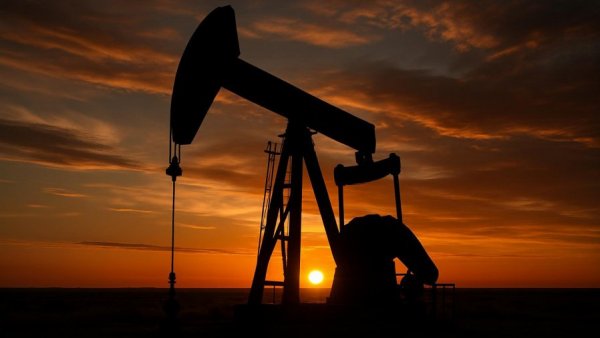 Silhouetted oil pump jack at sunset representing energy price surges.