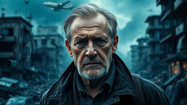 War-torn buildings and male figure representing weeks-long war against Iran.