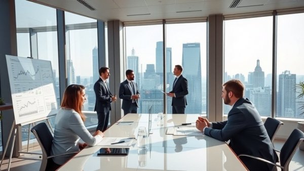 Professionals discussing corporate capital structure strategy in modern office.