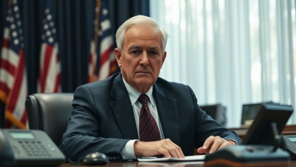 Elderly man sitting at desk with American flags in background.