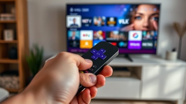 Roku remote in hand in front of TV displaying streaming services.