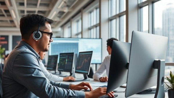 Professionals analyzing financial data on screens in a modern office.
