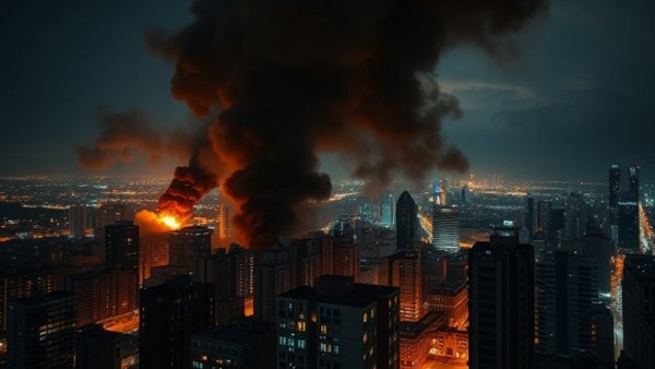 Cityscape at night with visible fire and smoke in the distance.