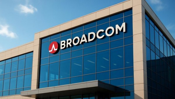 Broadcom corporate building facade with logo in AI chip market context.