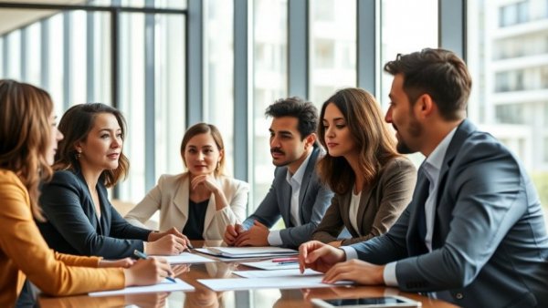 Group discussing managing employee benefits in a modern office