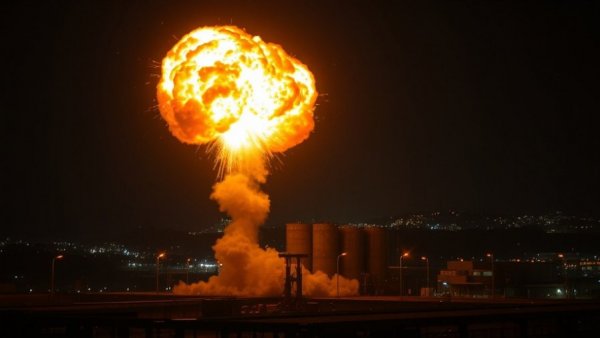 Explosive burst over city lights at night, dramatic fiery scene.