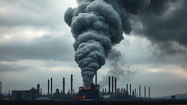 Smoke from oil refinery fire amidst rising oil prices.