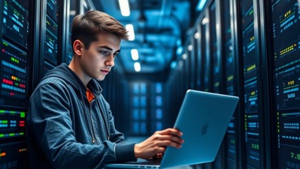 Young man oversees AI infrastructure in modern data center