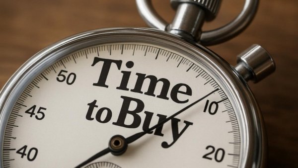 Close-up stopwatch with 'Time to Buy' highlighted, concept of buy growth stocks down 60%.