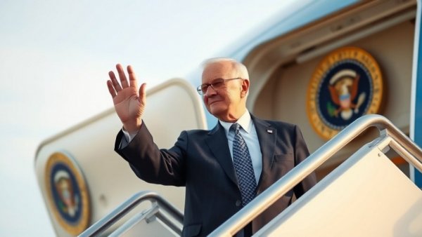 Elderly man in suit waves at airplane door under clear sky.