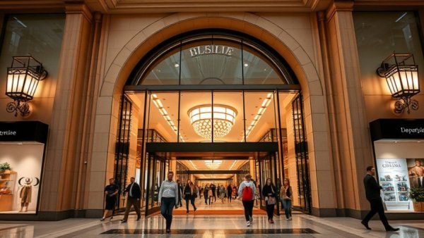 Large department store entrance with shoppers entering.