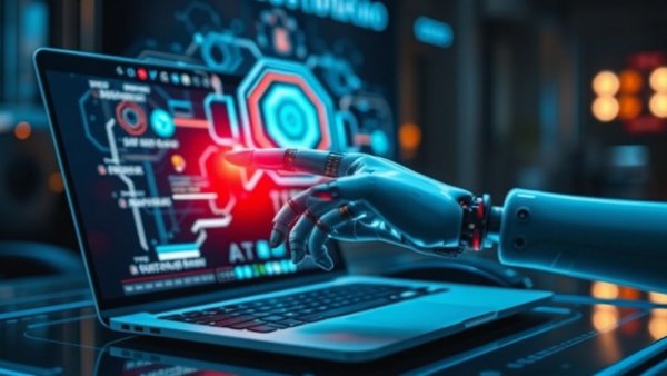 Futuristic AI interface with robotic hand on laptop, AI job cuts concept.