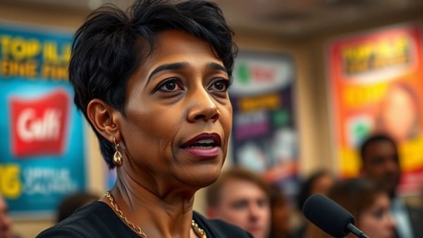 Impactful speech by a woman at a conference, blurred poster backdrop.