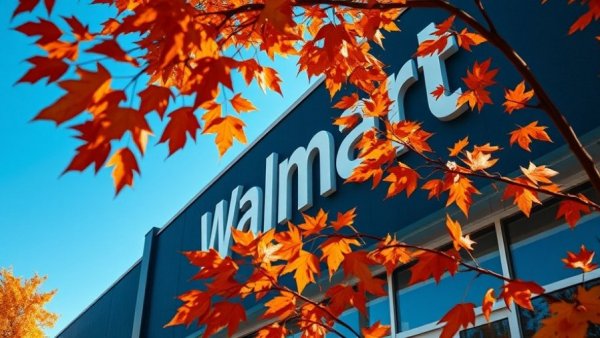 Walmart store sign with autumn leaves and blue sky
