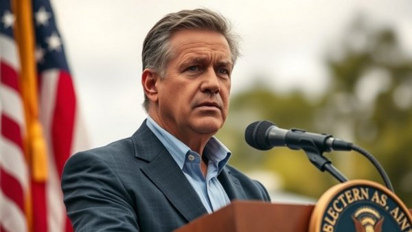 Oil refinery announcement speaker at podium with USA flag.