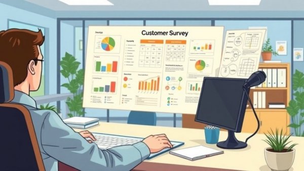 Office workspace for effective customer survey design with diagrams.