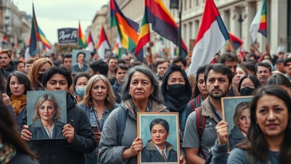 Protesters with flags and portraits during oil prices surge.