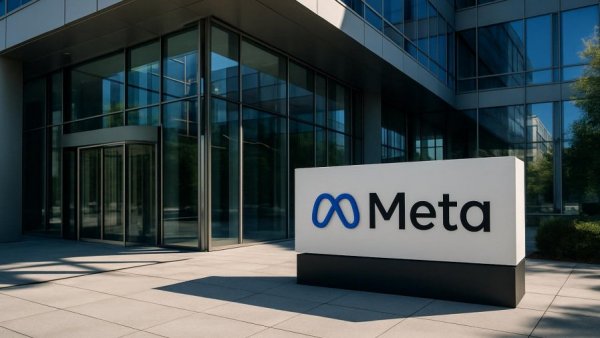 Meta corporate building entrance on sunny day.