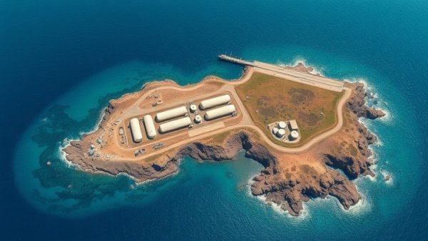 Aerial view of island with industrial facilities near deep blue sea.