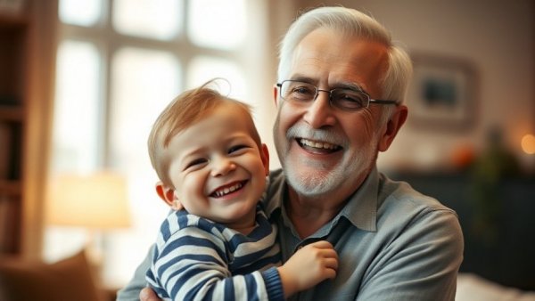 Happy man and child smiling in a warm indoor setting.
