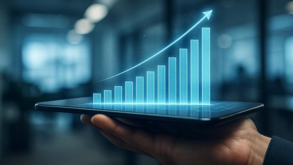 Hand holding tablet with holographic bar chart, PagerDuty price target lowered.