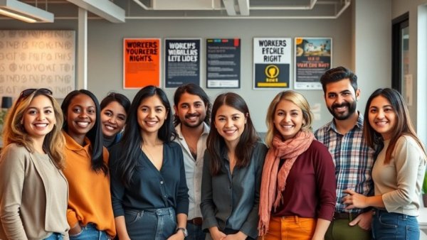 Diverse coworkers in an office with workers' rights posters.
