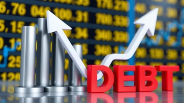 3D bar graph with debt and rising arrow indicates emerging market debt performance.