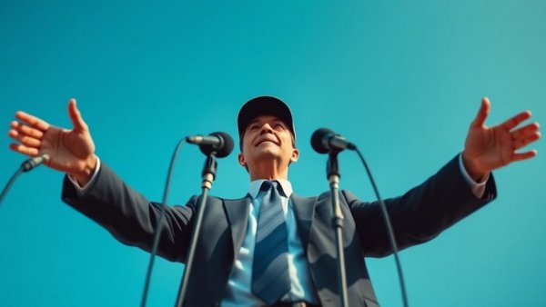 Man in cap addressing microphones under blue sky, business implications of Iran war.