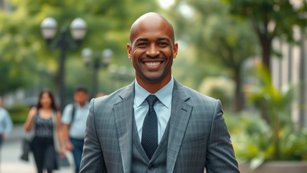 Smiling bald man in gray suit outdoors, decision-making strategies.