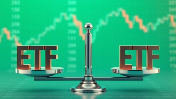 Dividend ETF comparison depicted by balanced scale with ETF letters.