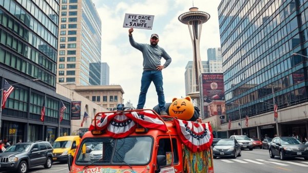 Protester in Seattle standing on vehicle during a tax demonstration, Washington State Income Tax theme.