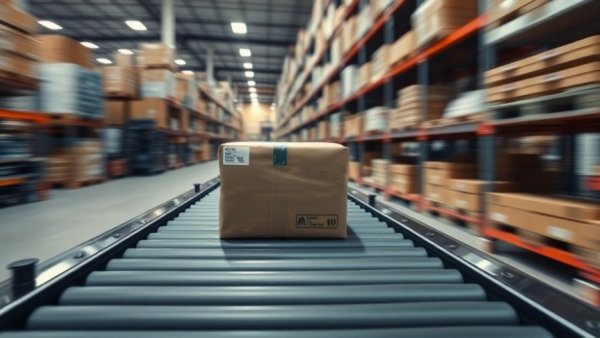 Package moving on a conveyor belt in a warehouse.