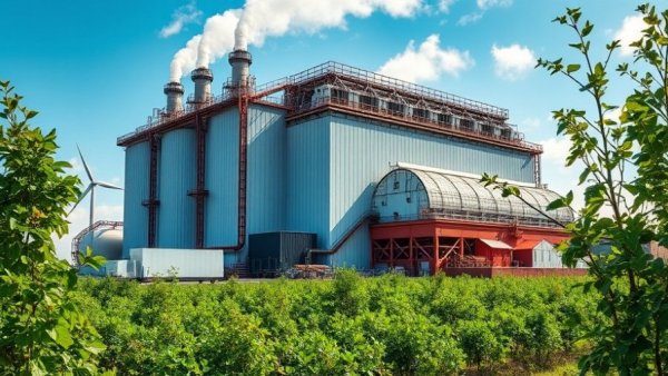 Expansive industrial biomass plant highlighting biomethane production.