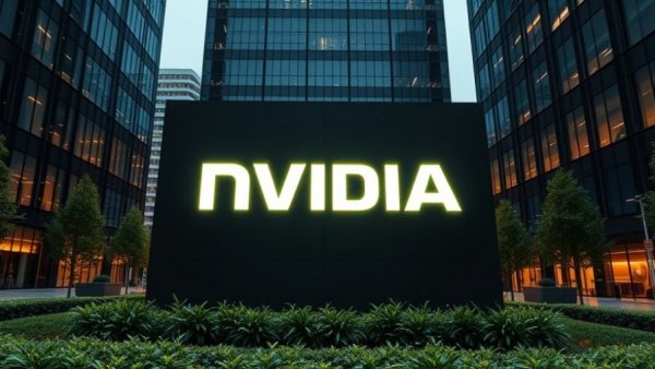 Illuminated Nvidia logo on building exterior during evening