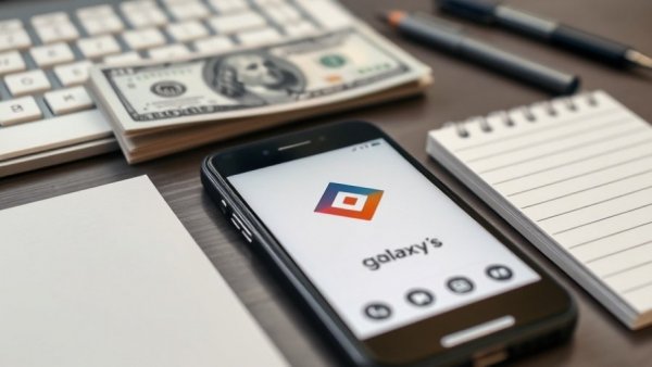 Smartphone with Galaxy app, money, and laptop keyboard on a desk.