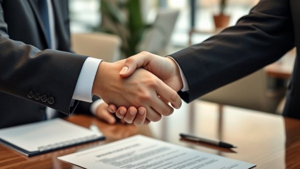 Handshake and money exchange over contract in business setting.