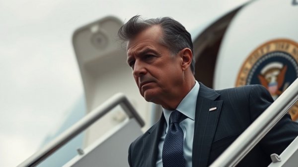 Political figure descending airplane stairs amid Middle East tensions.